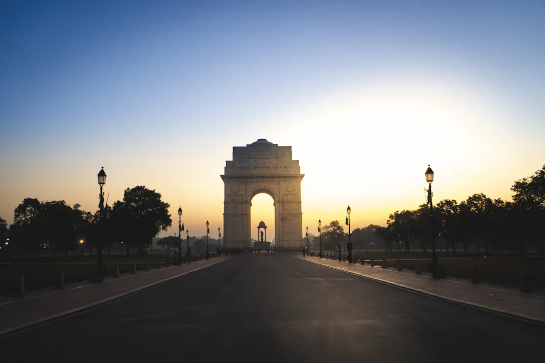 India Gate at sunrise on Kartavya Path, New Delhi